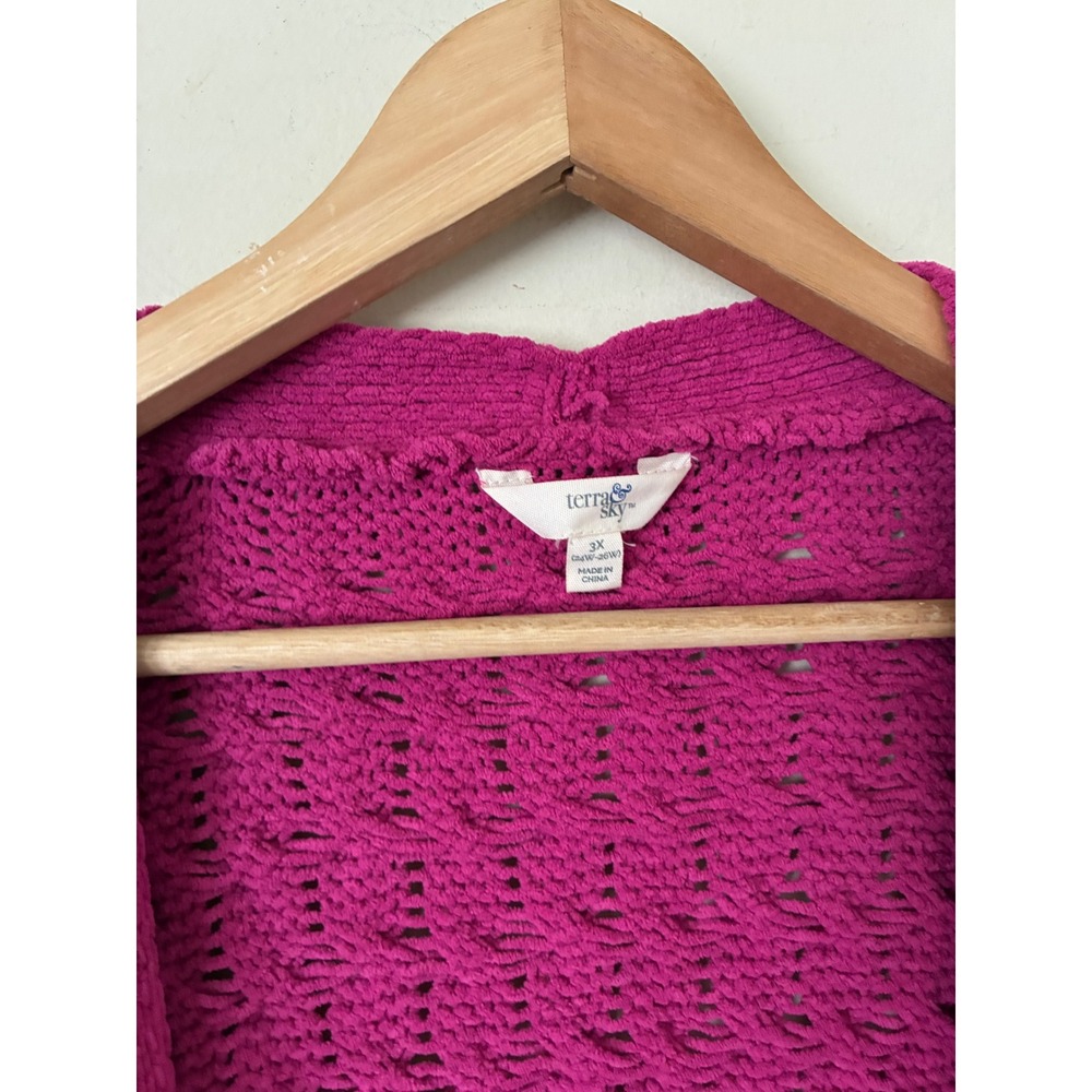 Cottage Boho Terra & Sky 3X Magenta Pink Cable Knit Chenille Open Front Cardigan - Picture 2 of 6